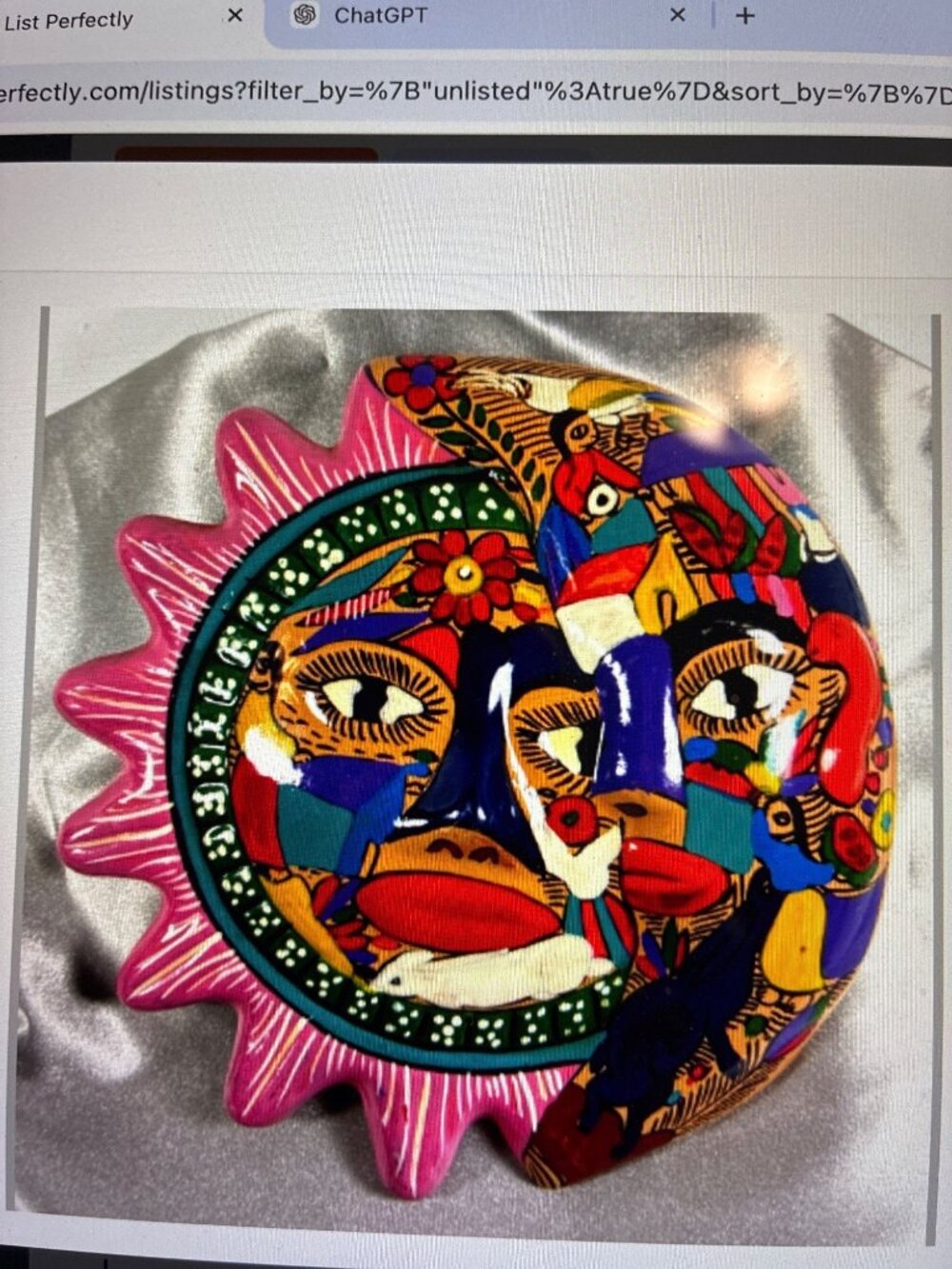 Vintage Hand Painted Mexican Folk Art Sun Moon Wall Plaque, Terracotta Celestial - Picture 12 of 12